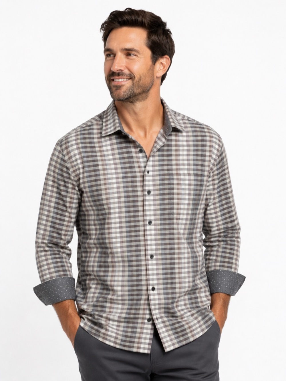 Tommy Bahama Men's Charcoal Brown Plaid Cotton Silk Stretch Button-Up Shirt XL